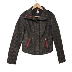 We The Free Moto Jacket Leopard Print Red Trim Pockets Full Zip‎ Size 2